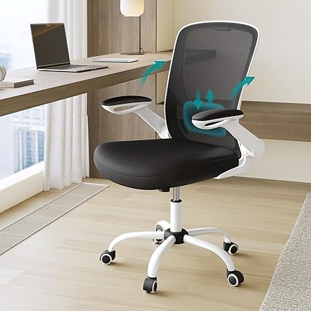 SONGMICS Silla de Oficina, Giratoria de Malla, Escritorio Ergon贸mica, Soporte Lumbar, Oscilante, Apoyabrazos Abatibles, Negro y Blanco