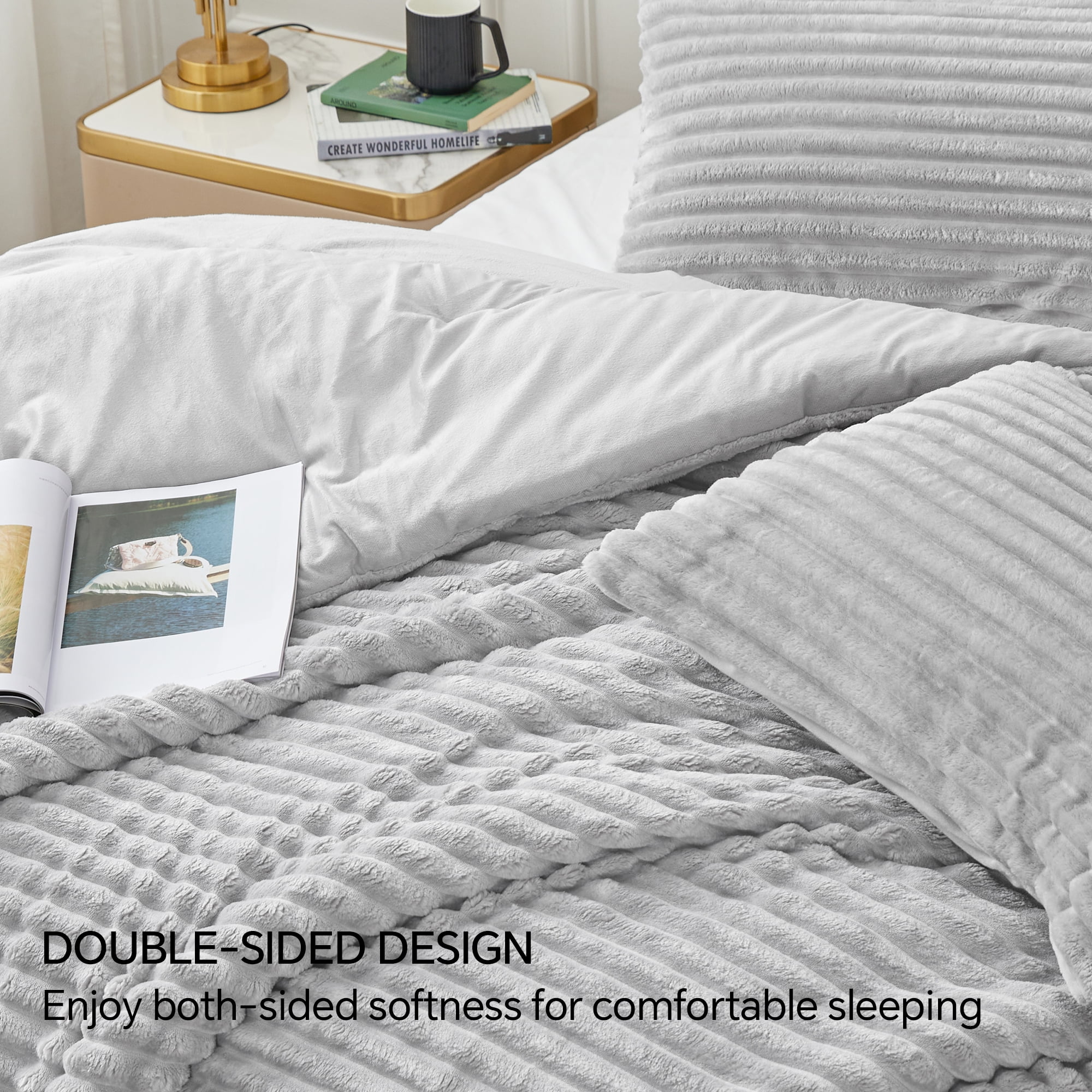 BEDELITE Fleece King Comforter Set -Super Soft & Warm Fluffy Grey Bedding, Luxury Fuzzy Heavy Bed Set for Winter with 2 Pillow Cases