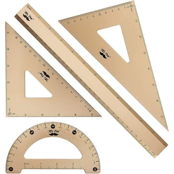 Mr. Pen- Geometry Set, Gold Color, 4 Pack, Metal Geometry Kit, Triangle Ruler, Metal Ruler, Drafting Triangles, Metal Protractor, Metal Set Square, Drafting Ruler, Drafting Set