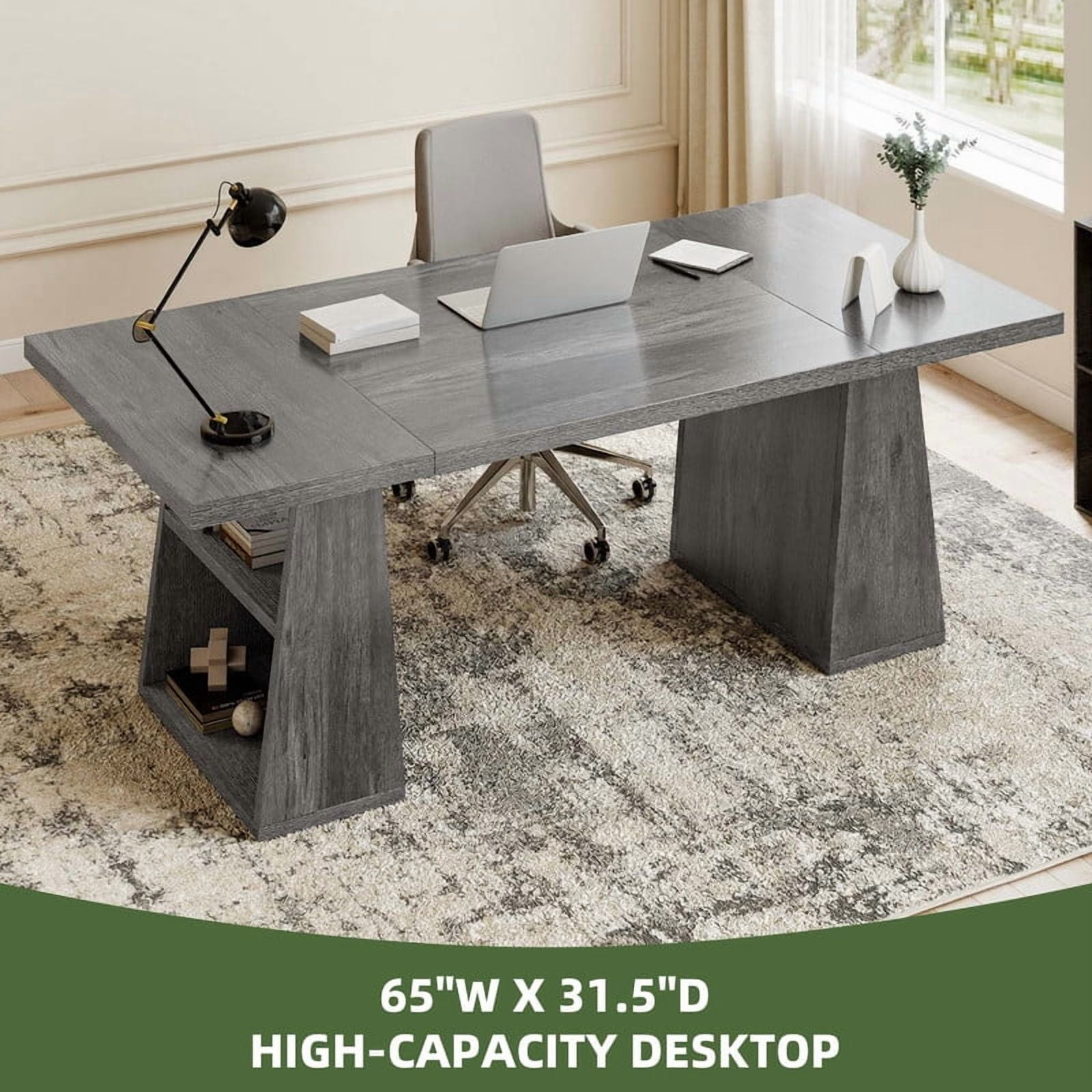 Uforic 63 inches Executive Desk with Double Pedestal and Storage Shelves, Home Office Desk Computer Desk Conference Table, Gray