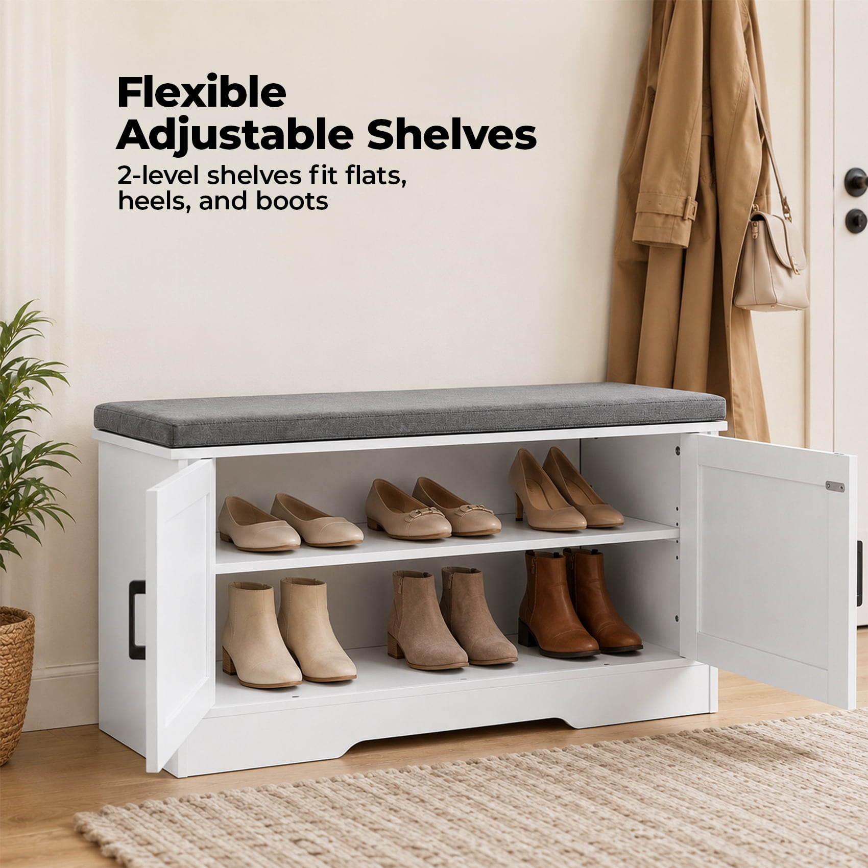 Alvantor 2-Tier Wooden Shoe Storage Cabinet with Padded Cushion and Adjustable Shelves