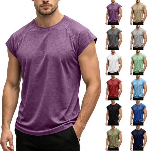 Mens Summer Shirts Cap Sleeve Crew Neck Workout T Shirts Casual Loose Fit Gym Tees, L