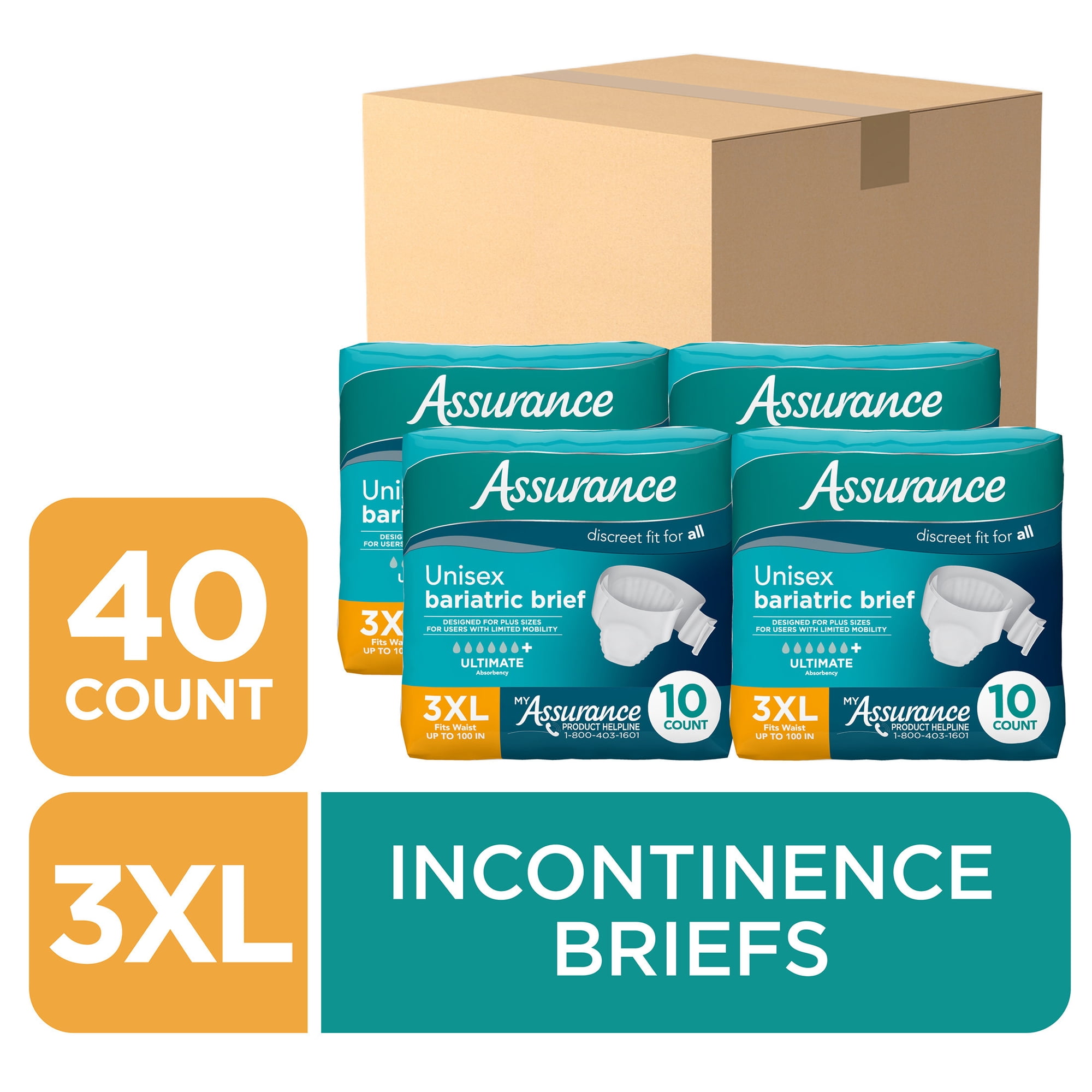 Assurance Unisex Maximum Incontinence Briefs with Tabs, Bariatric 40 Count