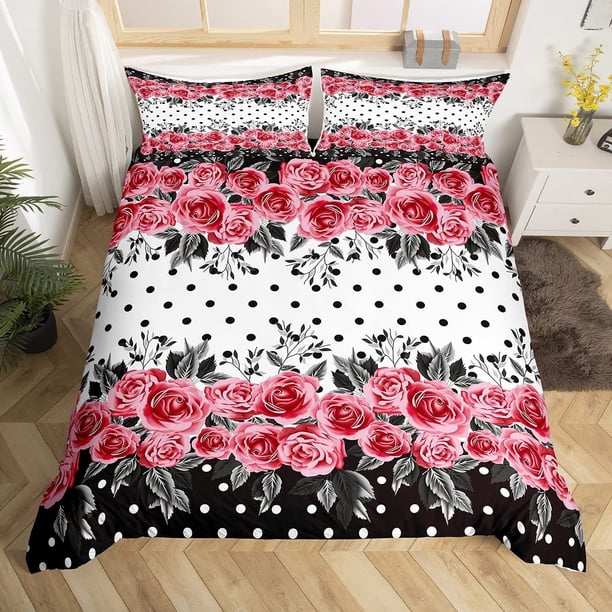 Flores Rosa Funda Nórdica para Niños,Niñas Blanco y Negro Funda Nórdica Completa