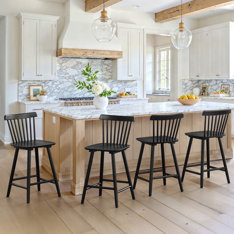 Dycanpo 24'' Windsor Wooden Counter Height Chairs Set of 3, Upgraded Farmhouse Bar Stools with Spinddle Back for Kitchen,Black