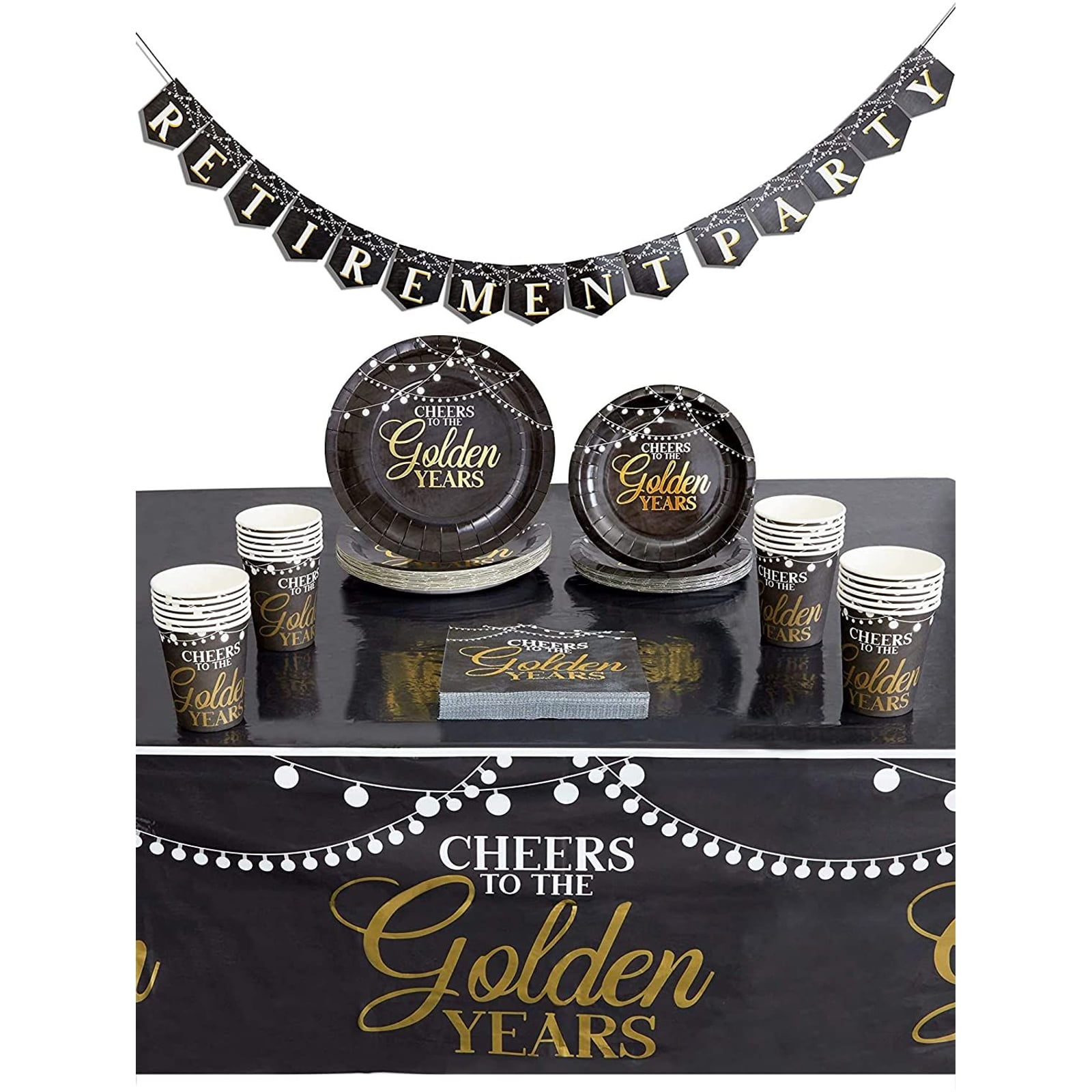 Serves 24 Happy Retirement Party Supplies & Decorations with Banner, Tablecloth, Paper Plates, Napkins, Cups & Utensils