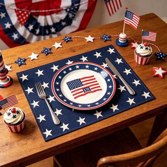 Navy Blue Star Placemat, Classic Patriotic Independence Day Table Mat, Washable Polyester Dining Decor for 4th of July