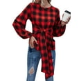 thumbnail image 3 of Blouse à Carreaux pour Femmes, Col Rond, Manches Longues Lanterne, 3 of 5