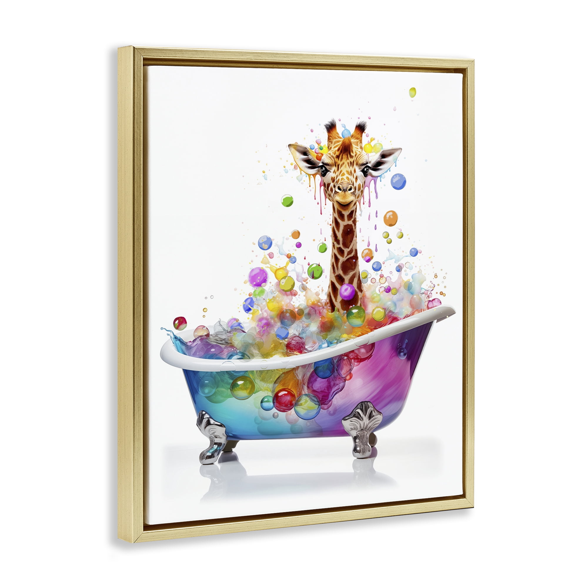 Stupell Industries Rainbow Bubble Bath Giraffe Bath & Laundry Painting Gold Floater Framed Canvas Art Print Wall Art, 17 x 21