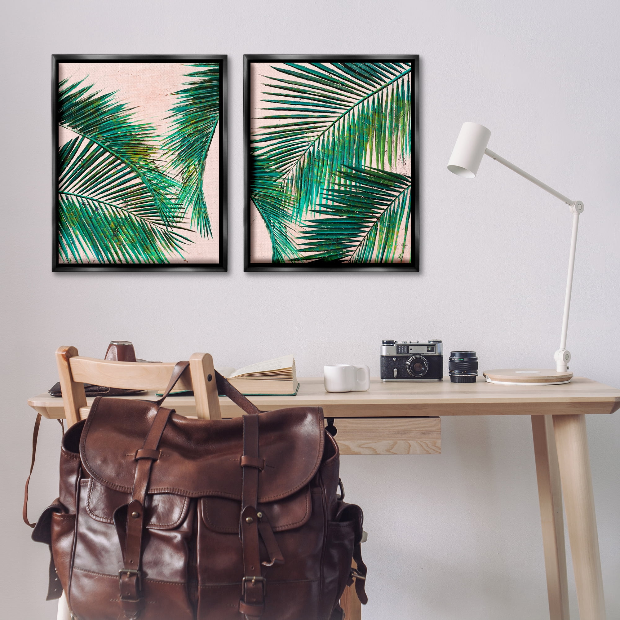 Stupell Industries Tropical Palm Fronds Plants & Flowers Painting Black Floater Framed Canvas Art Print Wall Art, 31 x 25, Set of 2