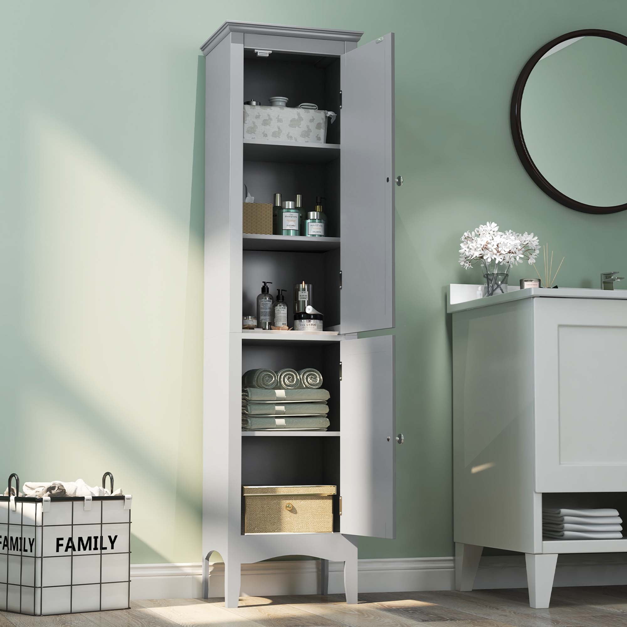 Costway Tall Bathroom Floor Cabinet Narrow Linen Tower with 2 Doors & Adjustable Shelf Grey
