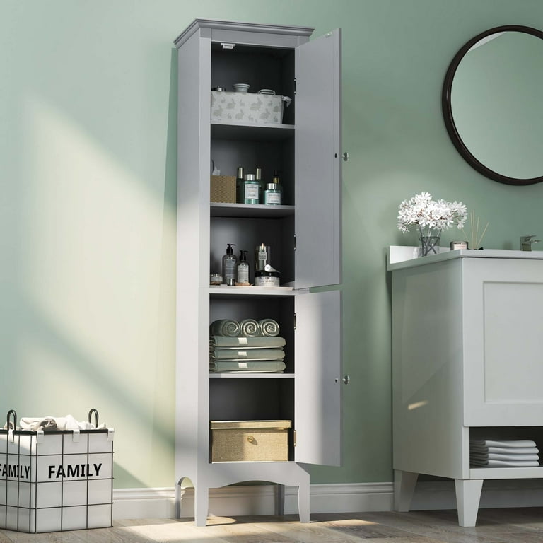 Costway Tall Bathroom Floor Cabinet Narrow Linen Tower with 2 Doors &  Adjustable Shelf Grey