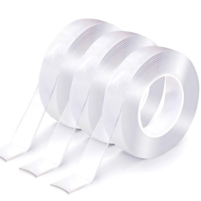 Cinta Nano de doble cara Cinta de montaje resistente - Paquete de 3 - Agarre fuerte, tiras de cinta de pared adhesivas fuertes reutilizables Cinta transparente para colgar en madera, hasta