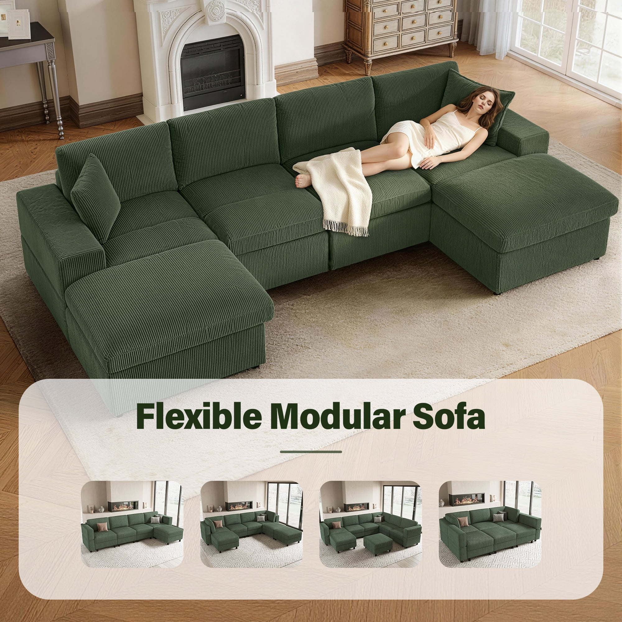 AENKYO U-Shaped Modular Sectional Sofa, Deep Seat Convertible Couch with Chaise for Living Room,Green