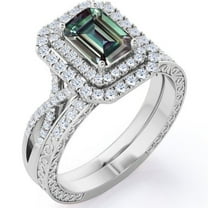 JeenMata 2 Carat Emerald Cut Lab Grown Alexandrite and Moissanite - Edwardian Design - Double Halo Infinity Wedding Set - 18K White Gold Plating over Silver