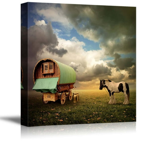 wall26 - Canvas Prints Wall Art - an Old Gypsy Caravan, Trailer, Wagon with a Horse | Modern Wall Decor/Home Decoration Stretched Gallery Canvas Wrap Giclee Print. Ready to Hang - 24" x 24"