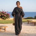 thumbnail image 6 of Szluipve 2 Piece Sets for Women Off‑Shoulder 2 Piece Outfits Puff Long Sleeve Slanted Shoulder Top & High Waist Pleated Wide Leg Pants Casual Vacation Matching Set Black L, 6 of 9