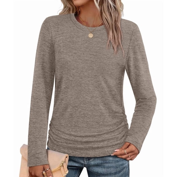 Ronuti Womens Sweaters Long Sleeve Shirts Fall Fashion 2026 Trendy Tops Ruched Outfits Winter Clothing Brown Shirts
