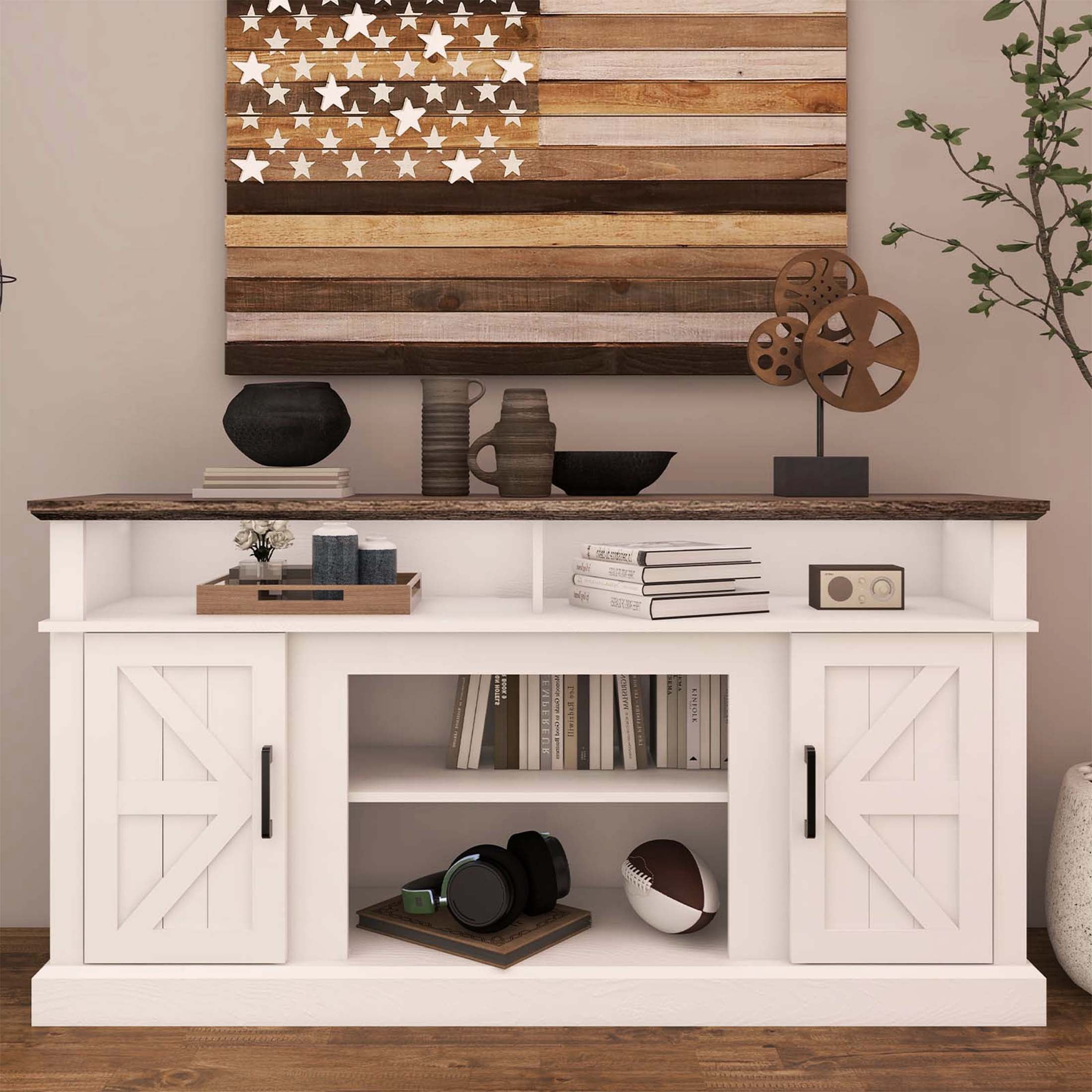 Luban Nese TV Stand for 65 Inch TV, Entertainment Center with Storage Cabinets and Barn Doors, Mid Century Modern Media TV Console Table for Living Room Bedroom (58" White)