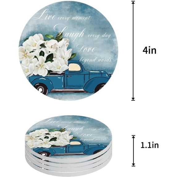 FMSHPON Oil Painting Style Blue Truck and White Flower Set of 8 Round Coaster for Drinks, Absorbent Ceramic Stone Coasters Cup Mat with Cork Base for Home Kitchen Room Coffee Table Bar Decor
