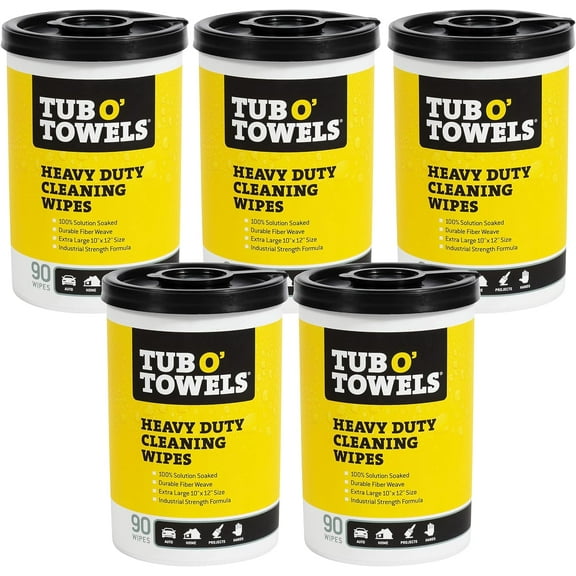 Tub O Towels TW90 Heavy-Duty 10" x 12" Size Multi-Surface Cleaning Wipes, 90 Count Per Canister 5 Pack