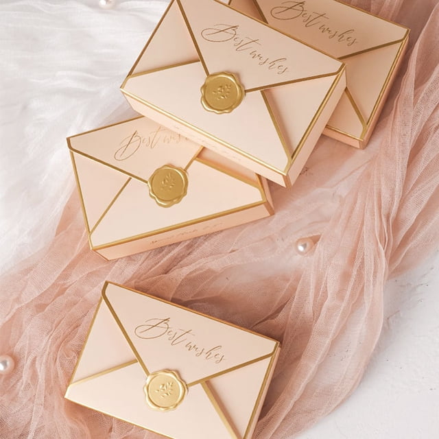 Ruiboury 50 Pieces Envelope Candy Box European Style Chocolate Snacks Container Anniversary Wax Stamp Golden Folding Case Green