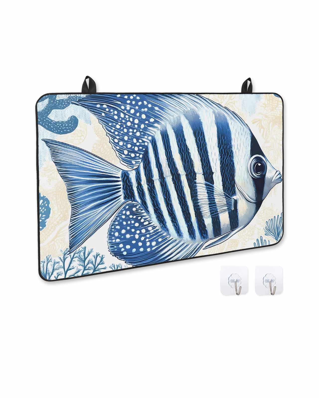 nqOlkjepod Large Induction Cooktop Protector Mat 24"x21", Blue Yellow Ocean Stove Top Covers for Electric Stove, Summer Coastal Stripe Fish Coral Stove Burner Cover Mats, Glass Top Stove Cover
