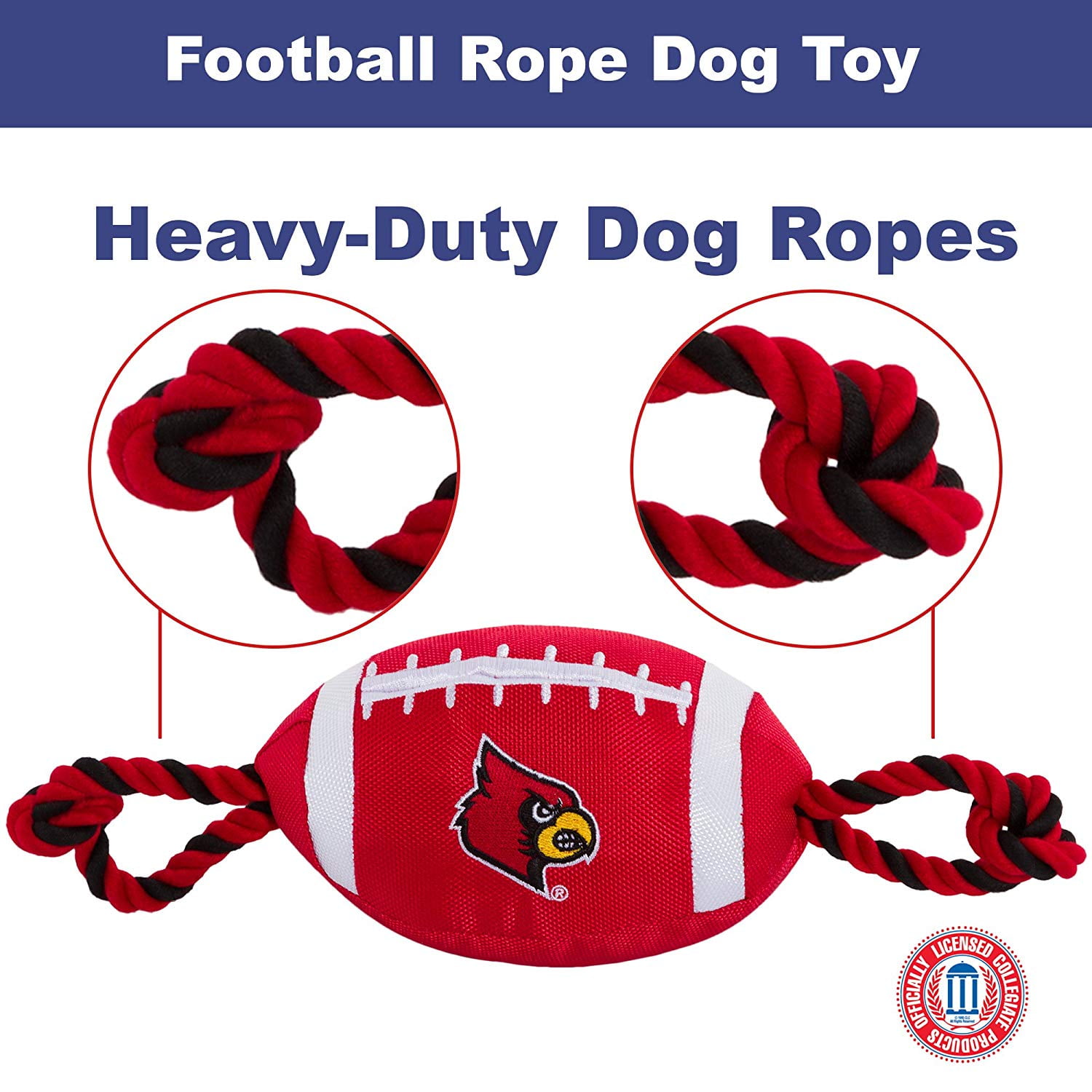 Pets First NCAA Louisville Cardinals Strong, Durable, Chewable Football Dog Toy with Inner Squeaker and Side Ropes, Officialy Licensed