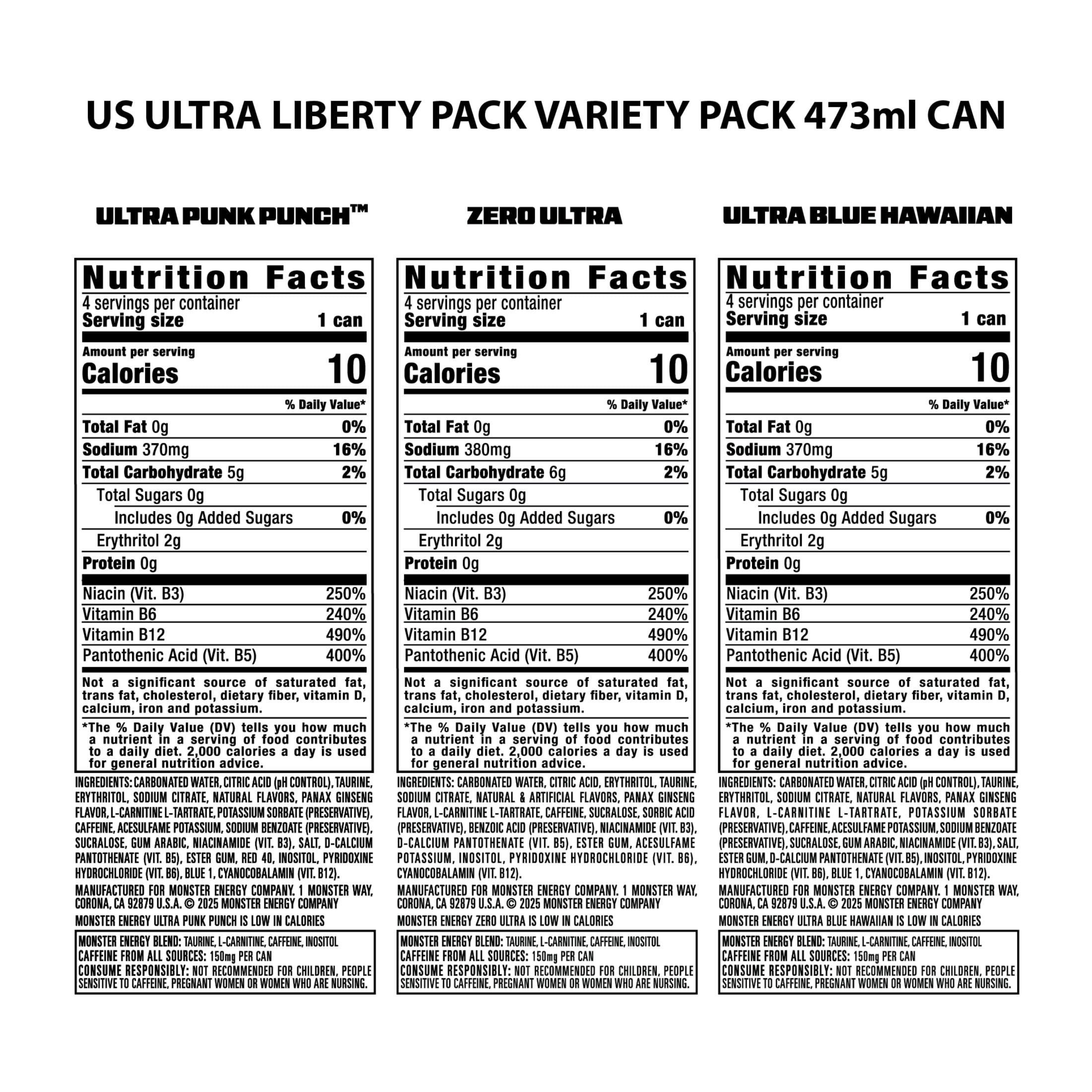 Monster Energy Ultra Variety Pack, Liberty, Sugar Free Energy Drink, 12 Pack 16 Fl Oz