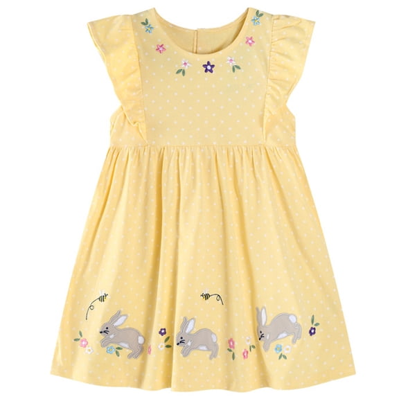 FINALGANG Girls Toddler Easter Polka Dot Dress Flutter Sleeve Crewneck Rabbit Embroidery A Line Casual Sundress For Easter Daily Wear Cute Dress