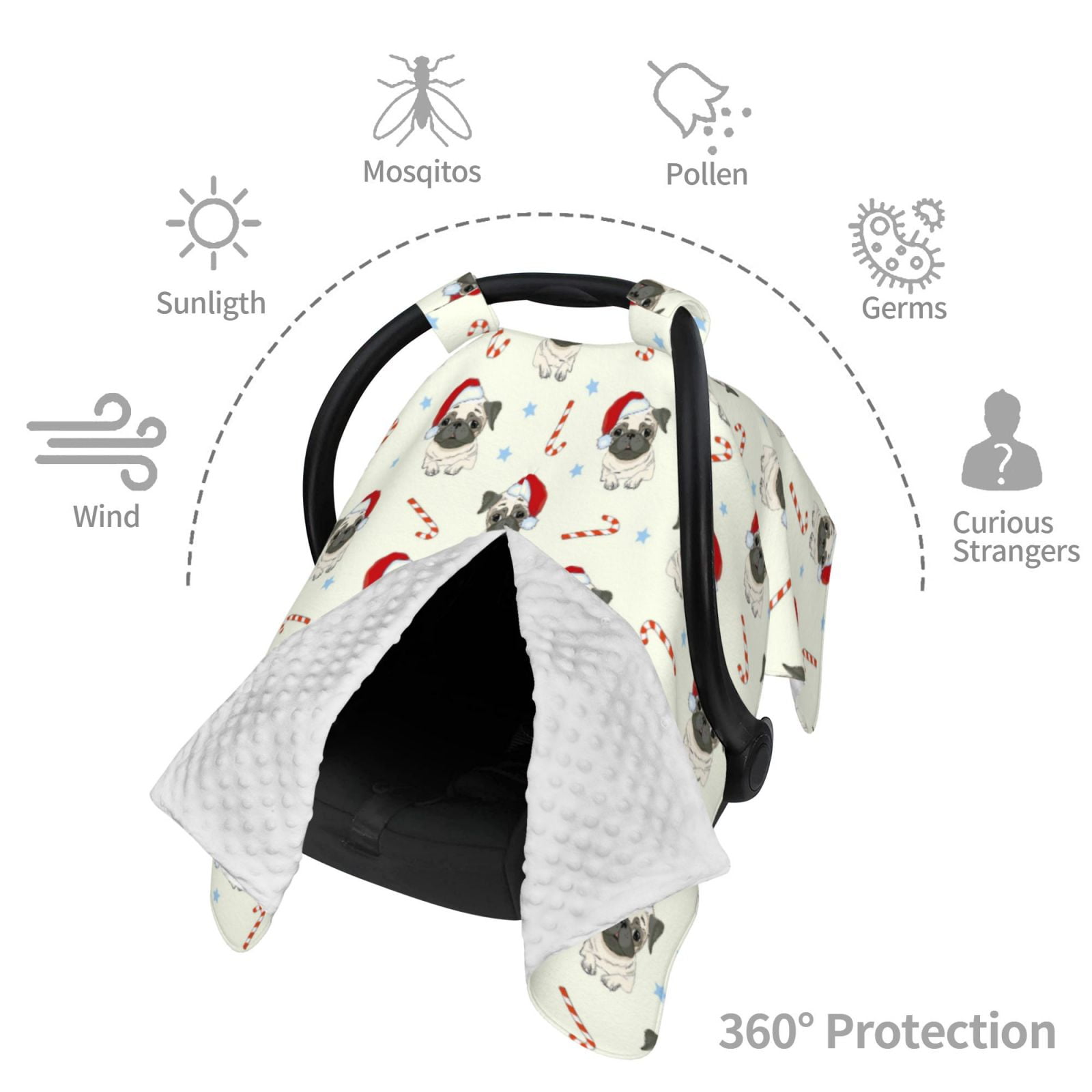 Car Seat Cover Baby - Christmas Pug Dog Breathable Infant Car Seat Cover for Baby Carseat, Lightweight Comfort Baby Essentials Must Haves Newborn Stuff for Girl Boy