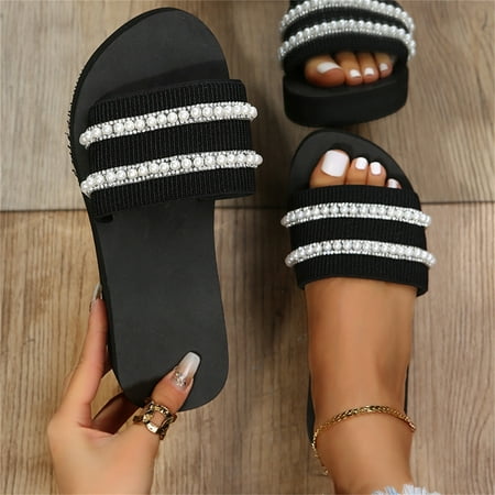 

〖Yilirongyumm〗 Black 37 Slippers For Women Ladies Fashion Solid Color Pearl Rhinestone Platform Wedge Heel Open Toe Slippers