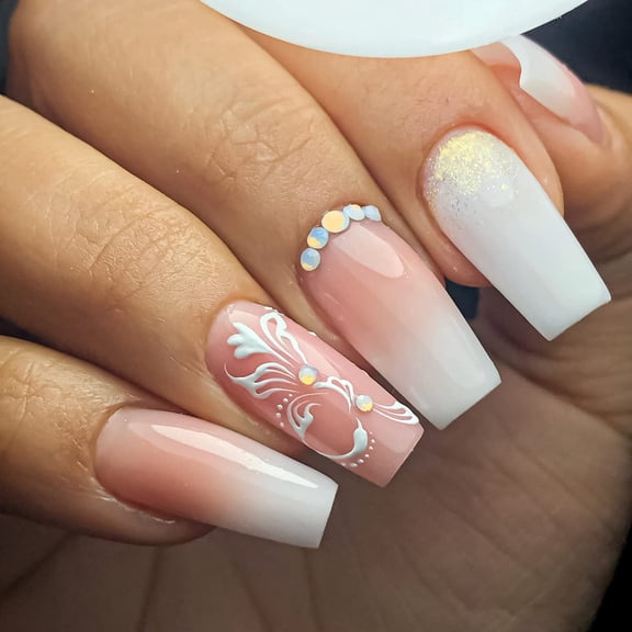 24 Pcs Medium Press on Nails Square Fake Nails White Gradient False Nails with Sequin Rhinestones Design Full Cover Glossy Acrylic Artificial Nails Flower Pattern Stick on Nails for Women Girls Style