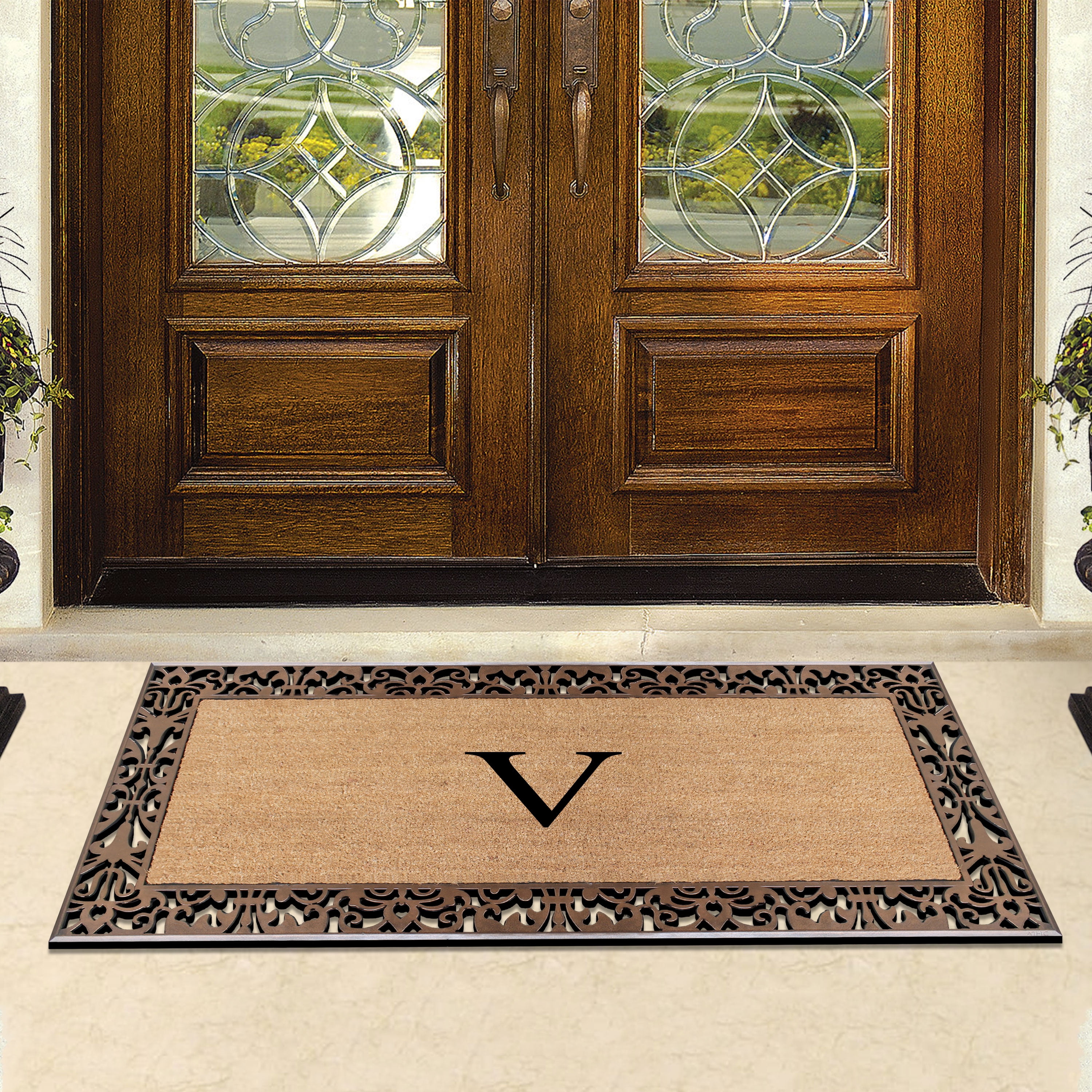 A1HC Natural Coir and Rubber Paisley Monogrammed Doormat, 30"x60", Heavy Duty Outdoor Front Door Mat, Durable Easy-Clean Bronze Rug