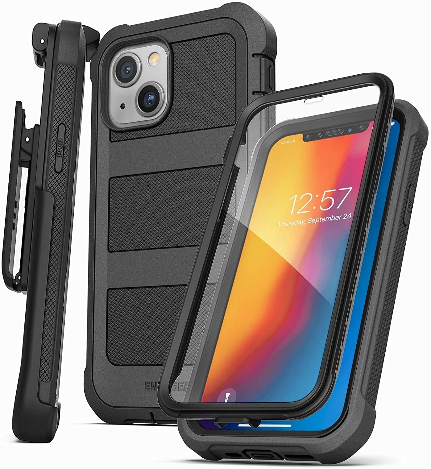 Encased FalconShield Designed for iPhone 13 Case with Screen Protector and Belt Clip Holster, Protective Full Body Built-in Cover with Holder - Black