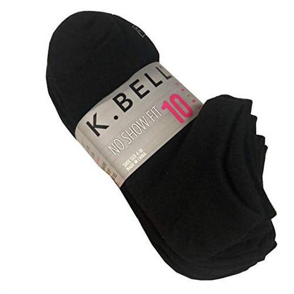 K.Bell NO SHOW FIT 10 PAIRS/PACK WOMEN'S SOCKS SHOE SIZE 5.5-10 Size: 5.5-10, Color: Black