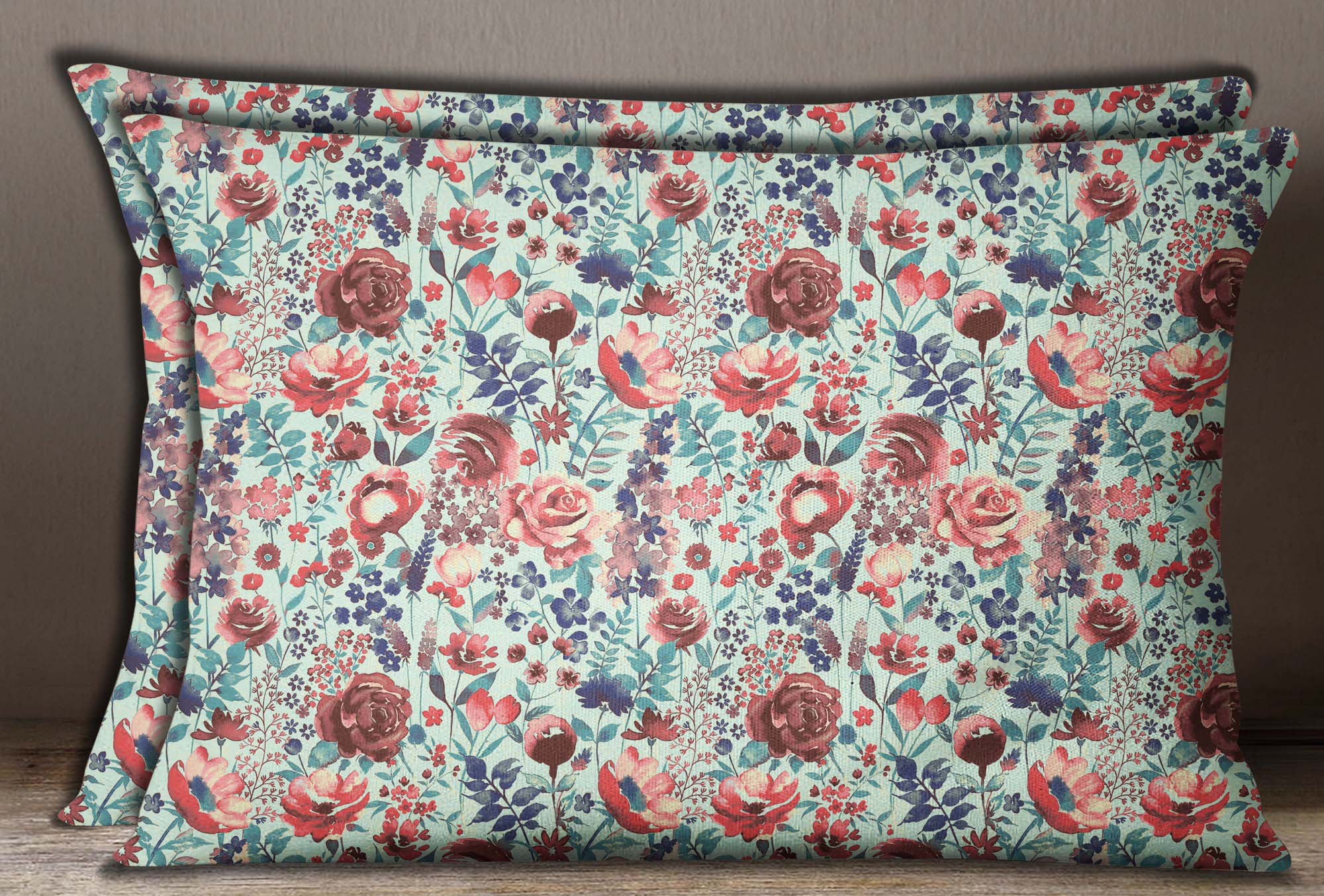 Cotton Poplin 2 Pcs Sea Green Cushion Cover Floral Print Square Sofa Pillow Case 