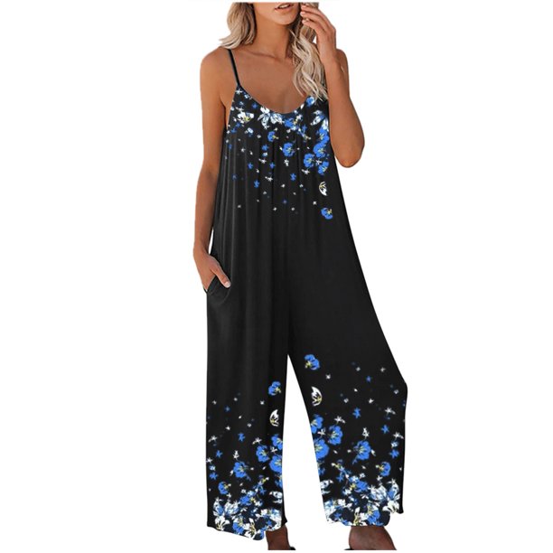 ICHUANYI Clearance Casual Women Fashion Backless Loose Long Pants Jumpsuit Long Short Bodysuit(Blue, L) ICHUANYI WER2023081013779