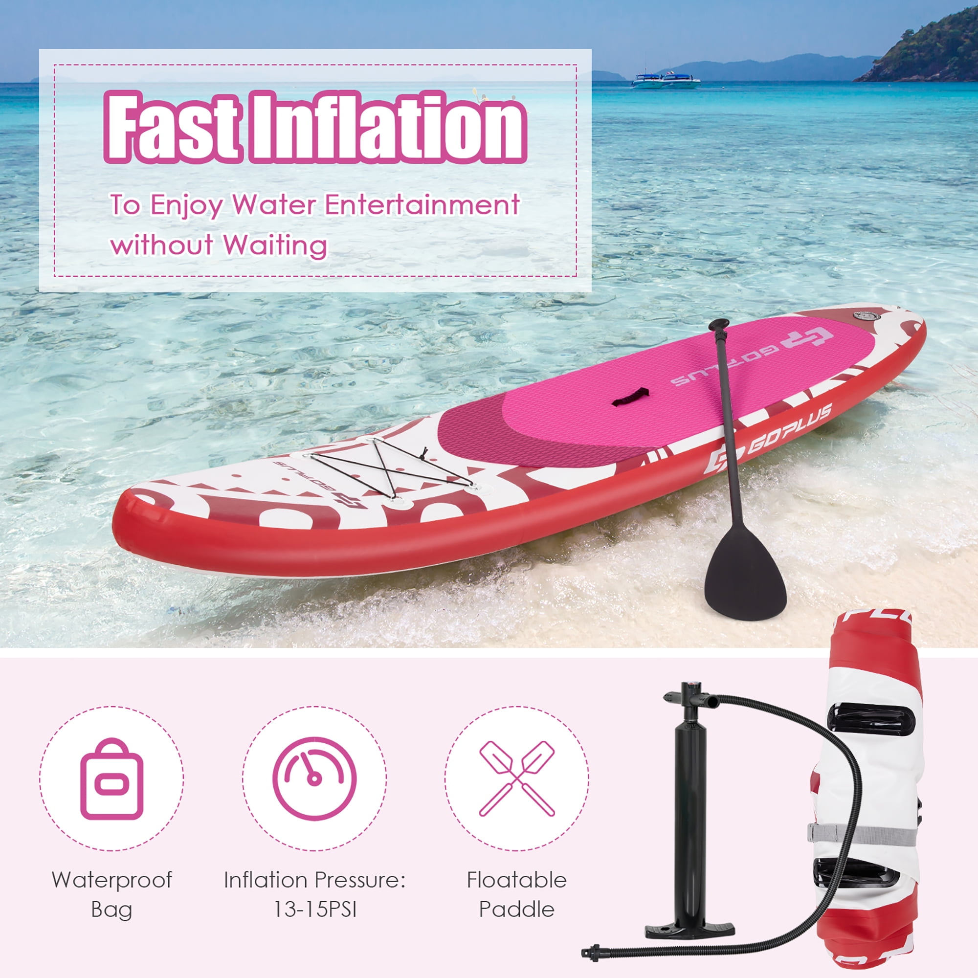 Goplus 11' Inflatable Stand Up Paddle Board SUP W/ Carrying Bag Aluminum Paddle Pink