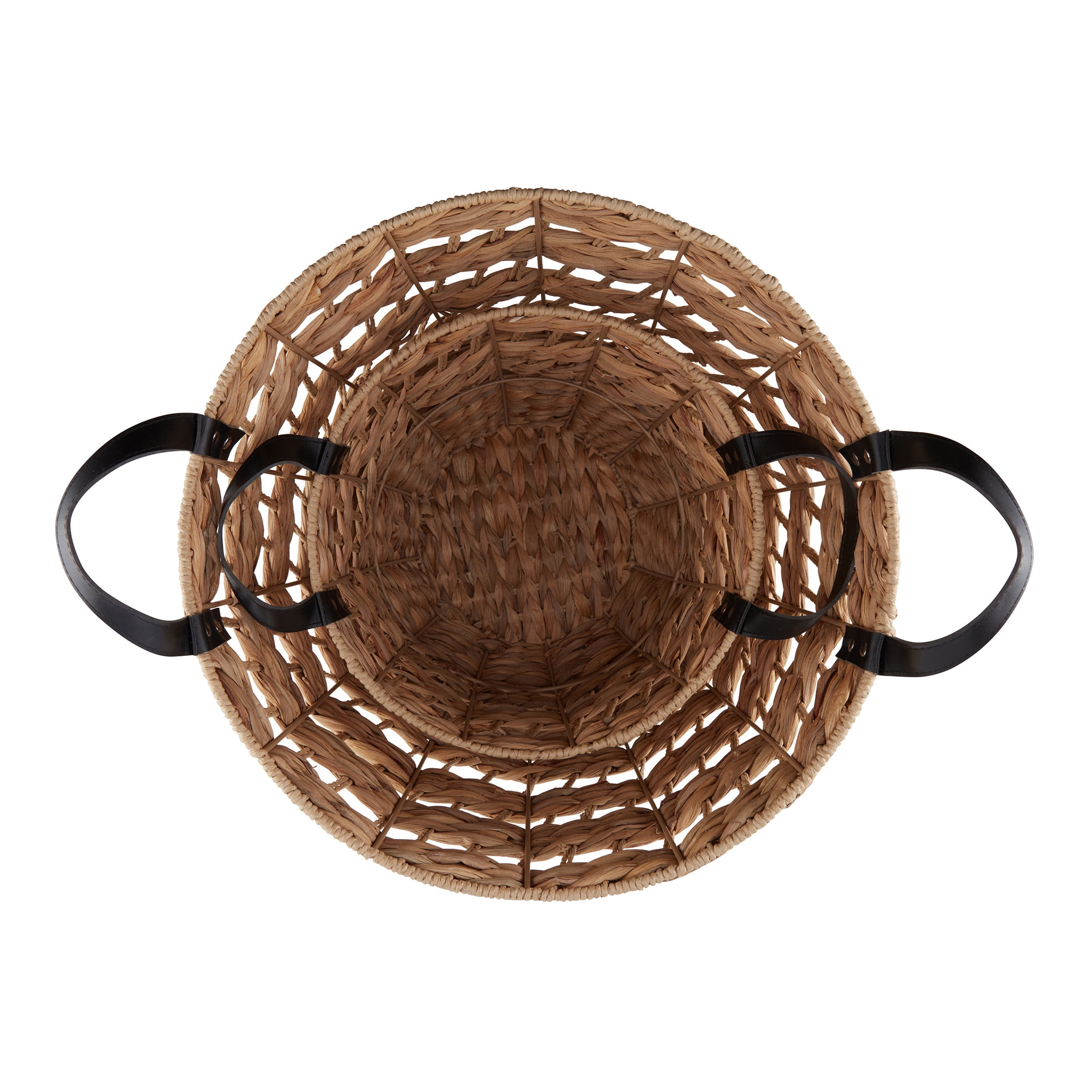 Better Homes & Gardens 2-Pack Round Storage Baskets, Woven Fabric, Black Faux Leather Handles, Natural, 14.5"D x 16.5"H – Decorative Bin for Blankets, Toys, Home Organization
