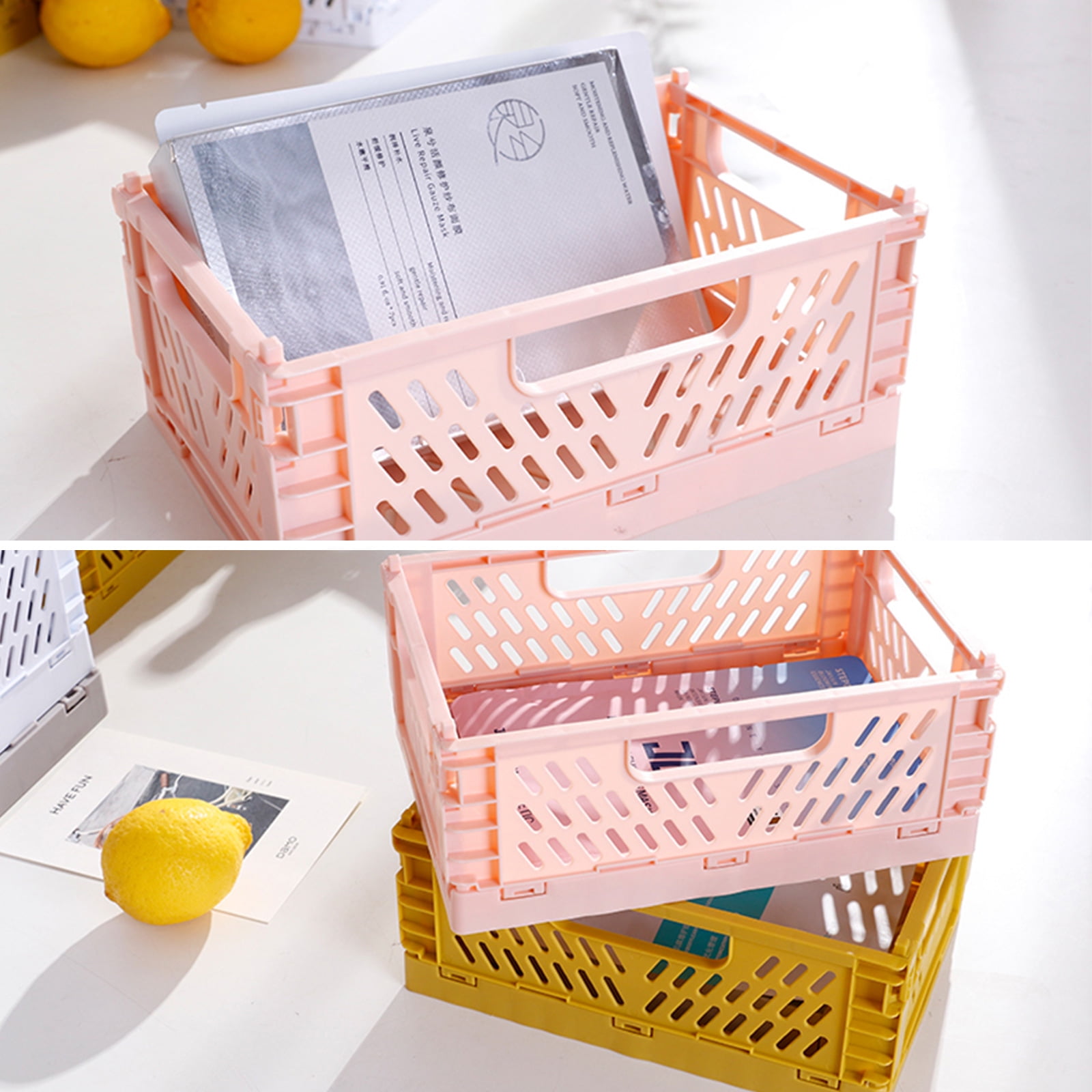 B Biden 4-Pack Mini Plastic Baskets for Organizing and Storage, Collapsible Space Saving Crates, Office Desk Drawer Organizer, Small Size Storage Bins for