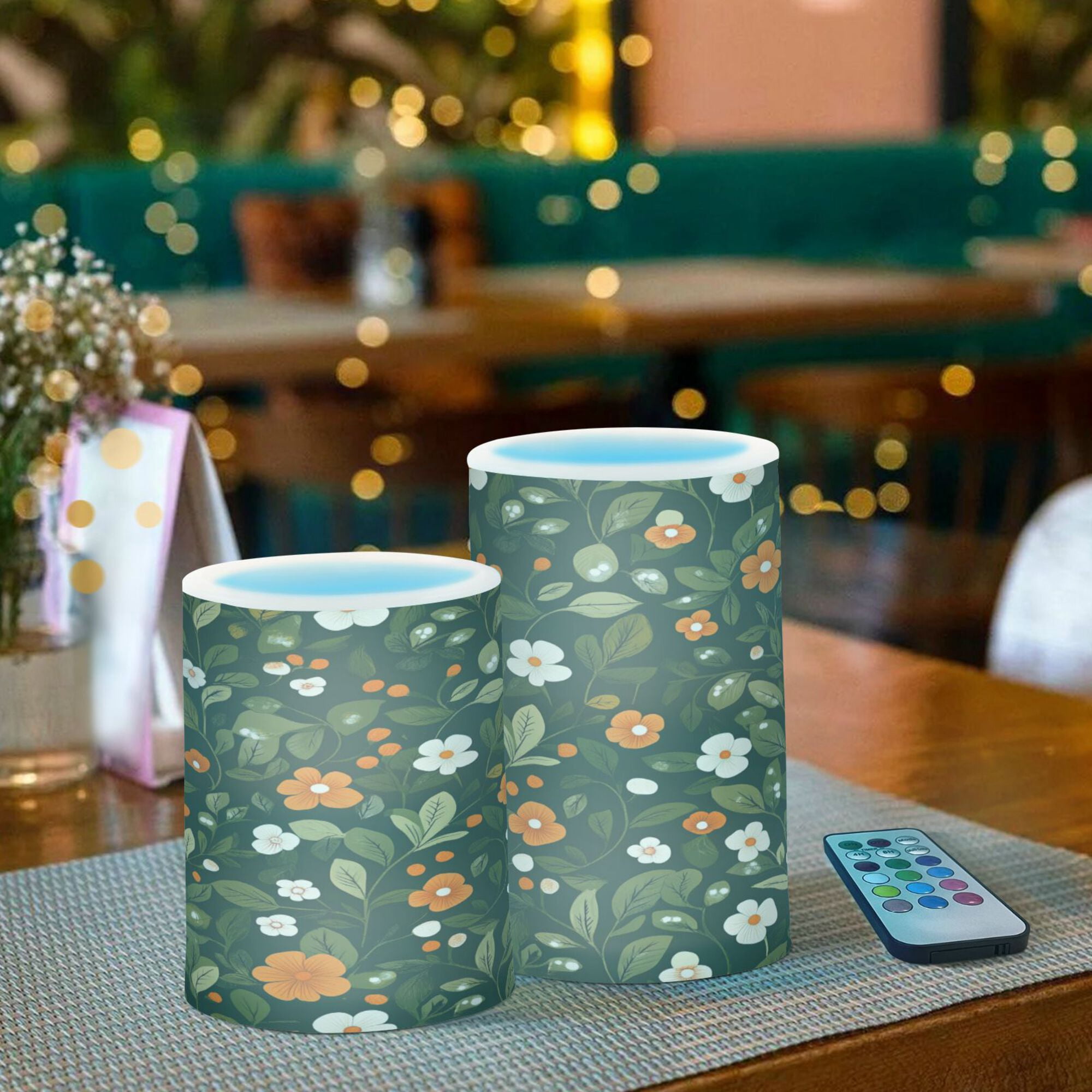Yayeee Flameless Candles with Remote Flickering Battery Operated Multi Color Changing, Green Flowers Pattern