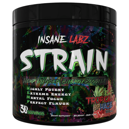 Insane Labz STRAIN nextHEMP infused Mid Stimulant Pre Workout Powder Loaded with Caffeine Yohimbine and Betaine Anhydrous fueled by AMPiberry - 30 Servings - Tropical