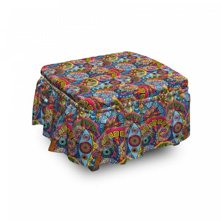 Floral Ottoman Cover  Hippie Aztec Tribal Boho  2 Piece Slipcover Set with Ruffle Skirt for Square Round Cube Footstool Decorative Home Accent  Standard Size  Multicolor  by Ambesonne