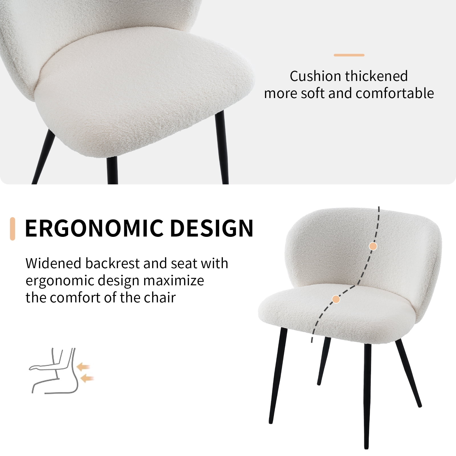 Rongbuk Modern Teddy Dining Chairs Set of 2, Comfy Kitchen Armless Chairs with Thick Cushions, Wingback Chair, Upholstered Dining Room Chairs with Metal Legs for Dining Room, Living Room, White