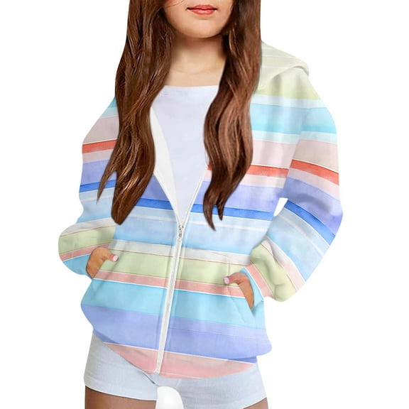 dazeni Girls Full Zip Up Hoodies Fashion Rainbow Colorful Long Sleeve Hooded Sweatshirts Loose Casual Pockets Jacket Coat for Tween