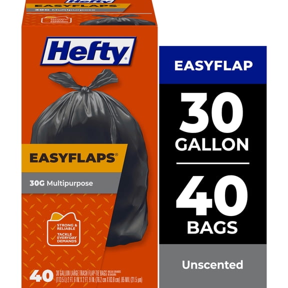 Hefty Easy Flaps Multipurpose Large Trash Bags, 30 Gallon, 40 Count