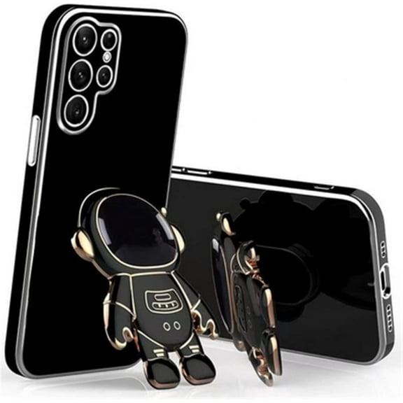 3D Cute Cartoon Astronaut Folding Stand Soft Phone Case for Samsung Galaxy S23 S22 S21 S20 Series Ultra Plus FE Pro Back Cover, Creative Shockproof Durable Popular Bumper(Black,S20)