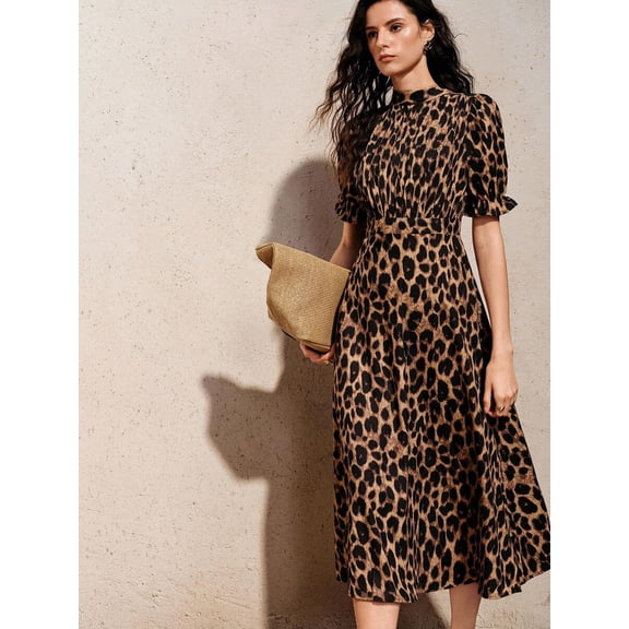 Brown Leopard Print High-Neck Puff Sleeve Midi Dress With Pleated Detail And A-Line Silhouette