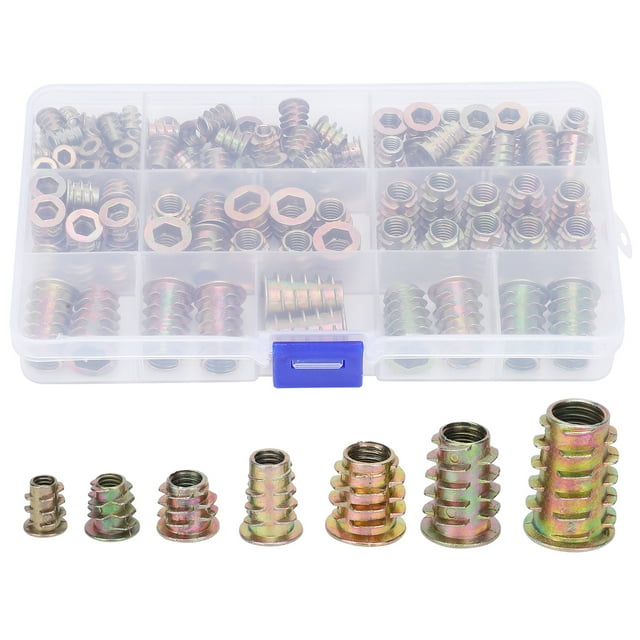 125-Piece Galvanized Iron Hex Drive Insert Wood Nuts Assortment Kit - Durable Threaded Furniture Fasteners with Storage Box, Multiple Sizes M4/M5/M6/M8/M10 for Home Decoration, Cabinet & Woodworking